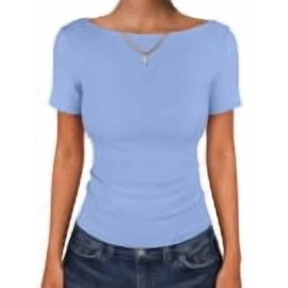 ANRABESS Women Boat Neck Tops Short Sleeve T-Shirts Ribbed Knit Tight Fitted Basic Tees Shirts 2026 Summer Clothes sky blue Small