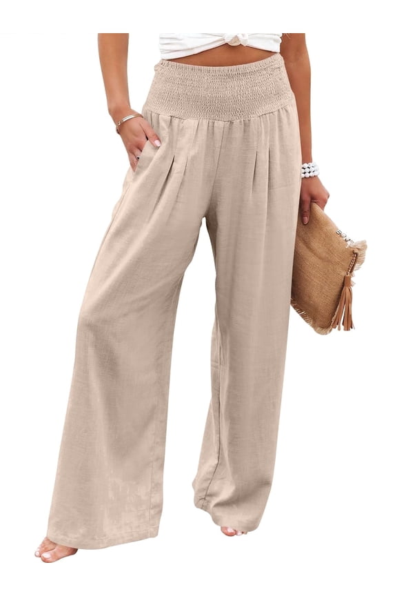 Linen Wide Leg Pants for Women Summer Boho High Waist Palazzo Pants Beach Lounge Casual Trousers with Pockets Vacation Clothes Almond M
