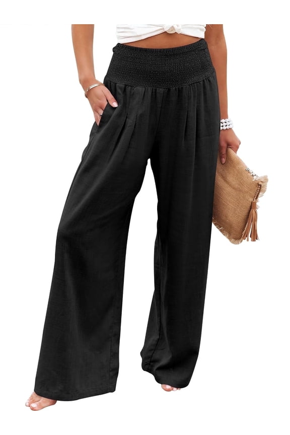 Linen Wide Leg Pants for Women Summer Boho High Waist Palazzo Pants Beach Lounge Casual Trousers with Pockets Vacation Clothes Black L