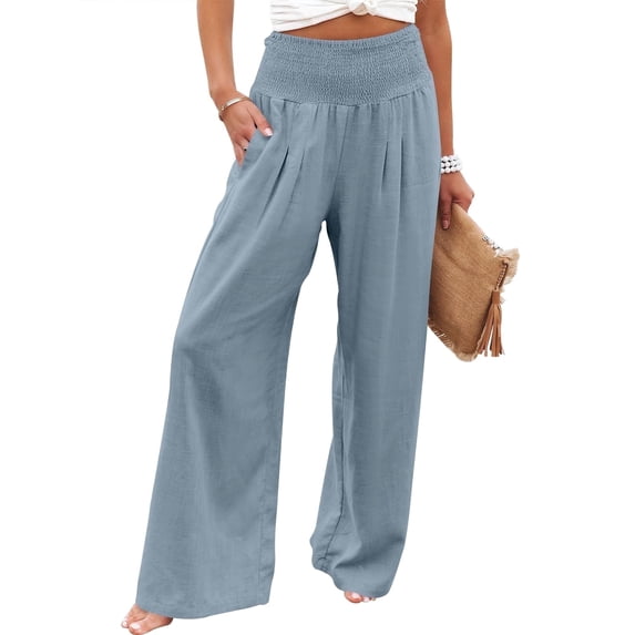 ANRABESS Linen Wide Leg Pants for Women Summer Boho High Waist Palazzo Pants Beach Lounge Casual Trousers with Pockets Vacation Clothes Blue XXL