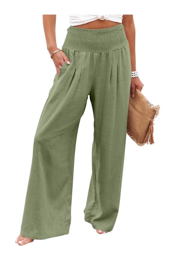 Linen Wide Leg Pants for Women Summer Boho High Waist Palazzo Pants Beach Lounge Casual Trousers with Pockets Vacation Clothes Olive L