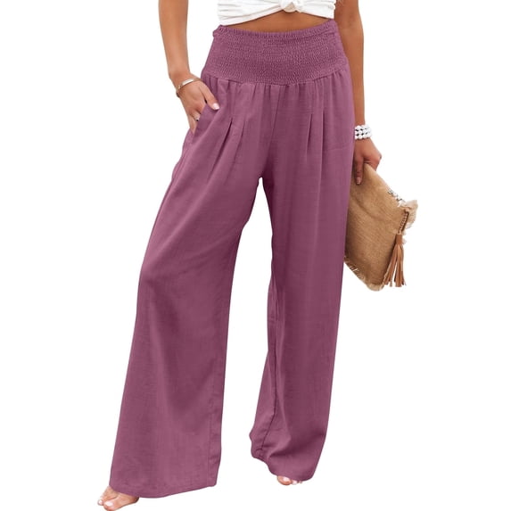 ANRABESS Linen Wide Leg Pants for Women Summer Boho High Waist Palazzo Pants Beach Lounge Casual Trousers with Pockets Vacation Clothes Purple XL