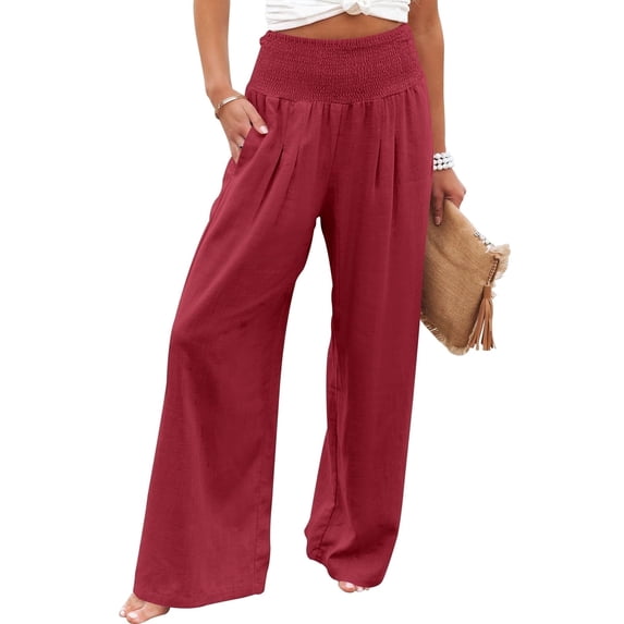 ANRABESS Linen Wide Leg Pants for Women Summer Boho High Waist Palazzo Pants Beach Lounge Casual Trousers with Pockets Vacation Clothes Red L