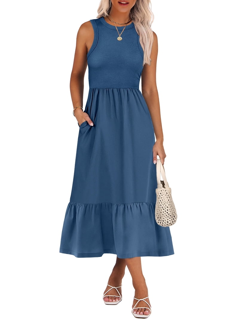 ANRABESS Women Midi Dresses 2026 Summer Casual Sleeveless Sundress High Neck Tank Top Racerback Flowy Beach Dress & Pockets Blue Small