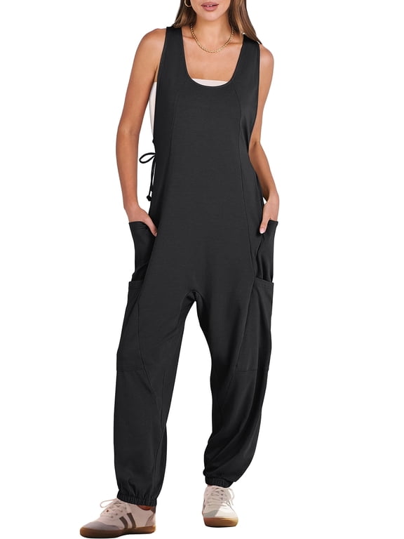 Harem Jumpsuit for Women Sleeveless Baggy Overalls Romper with Pockets, Drawstring Loose Summer One Piece Outfit Size XL