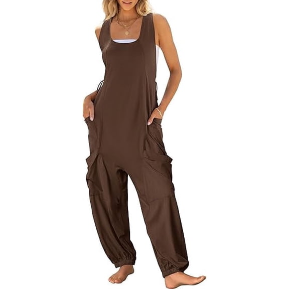 ANRABESS Harem Jumpsuit for Women Sleeveless Baggy Overalls Romper with Pockets, Drawstring Loose Summer One Piece Outfit Size M