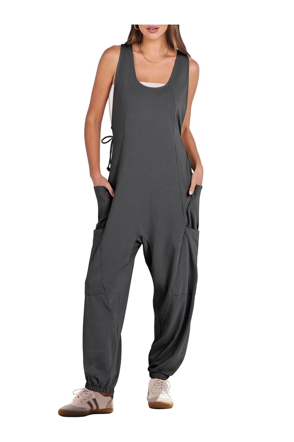 Harem Jumpsuit for Women Sleeveless Baggy Overalls Romper with Pockets, Drawstring Loose Summer One Piece Outfit Size XL