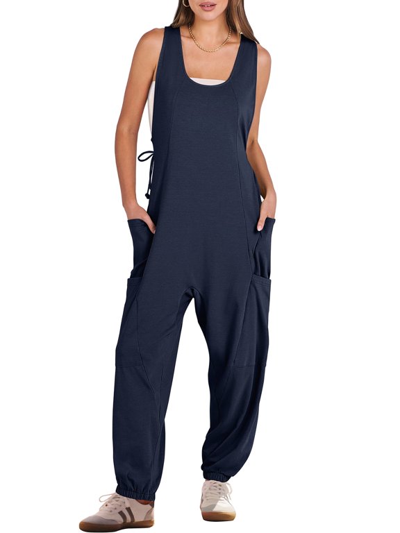 Harem Jumpsuit for Women Sleeveless Baggy Overalls Romper with Pockets, Drawstring Loose Summer One Piece Outfit Size M