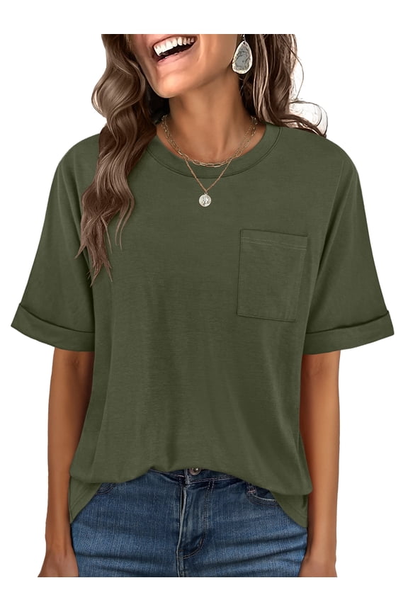 Oversized T Shirts for Women Short Sleeve Crewneck Basic Tee Loose Casual Summer Top with Pocket Army Green Large