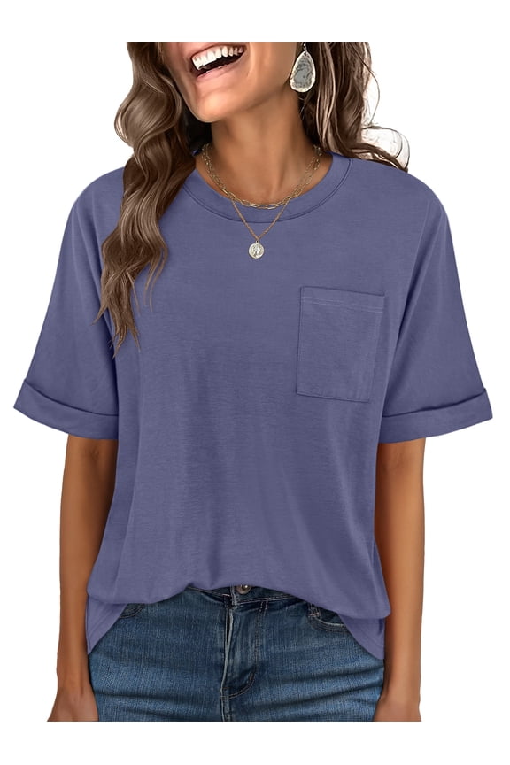 Women Oversized T Shirts Short Sleeve Summer Casual Loose Top Basic Tee with Pocket Gray Blue Large
