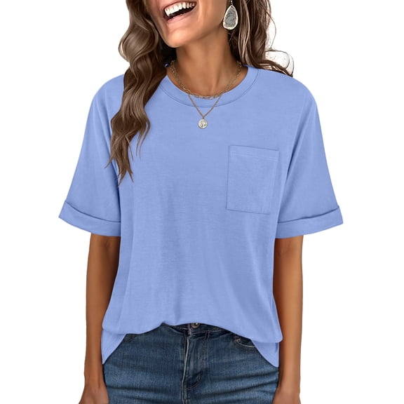 ANRABESS Oversized T Shirts for Women Short Sleeve Crewneck Basic Tee Loose Casual Summer Top with Pocket Sky Blue Small