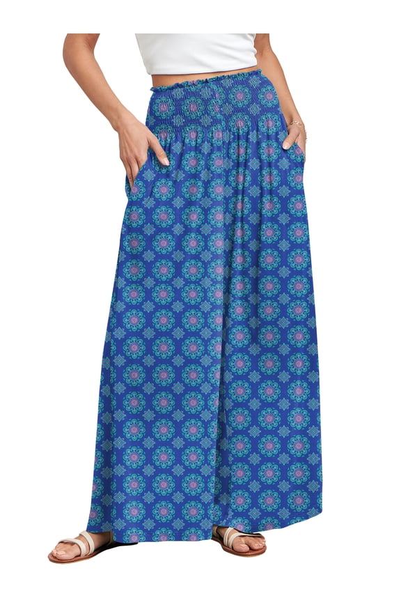 Womens Wide Leg Pants Summer Casual Palazzo Lounge Pants High Smocked Waist Loose Beach Pants with Pockets