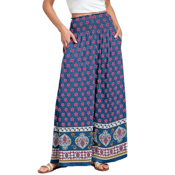 ANRABESS Womens Wide Leg Pants Summer Casual Palazzo Lounge Pants High Smocked Waist Loose Beach Pants with Pockets