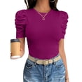thumbnail image 1 of ANRABESS Women Puff Short Sleeve Crewneck Dressy Casual Tops Summer Fitted Ribbed Knit Trendy Work Shirts 2026 Spring Clothes Fuchsia Medium, 1 of 10