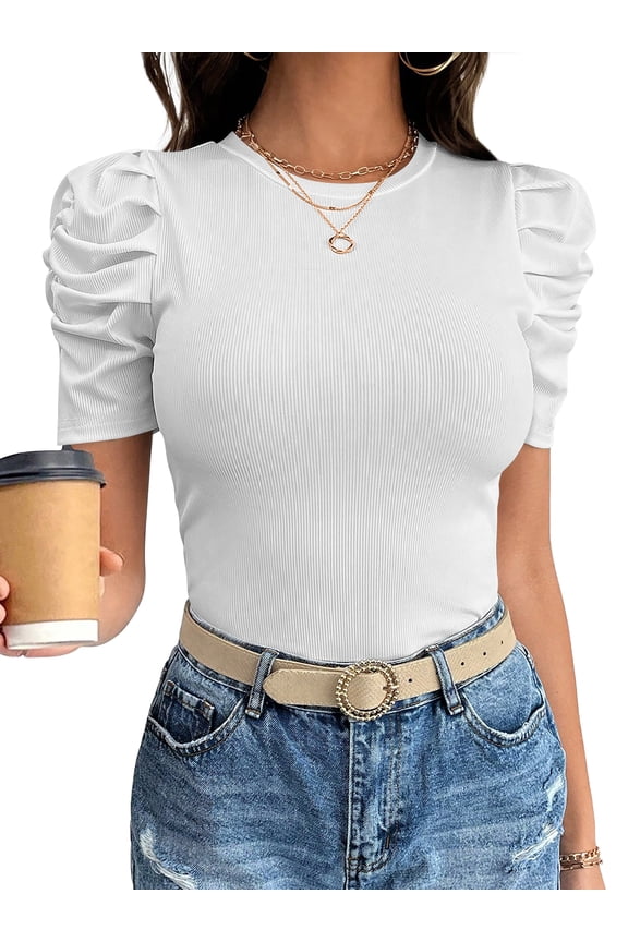 Women Puff Short Sleeve Crewneck Dressy Casual Tops Summer Fitted Ribbed Knit Trendy Work Shirts 2026 Spring Clothes White Large