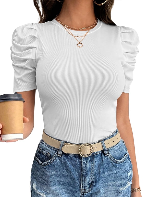 Women Puff Short Sleeve Crewneck Dressy Casual Tops Summer Fitted Ribbed Knit Trendy Work Shirts 2026 Spring Clothes White Medium