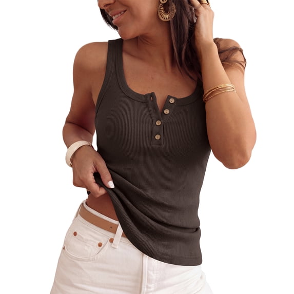 ANRABESS Women Ribbed Tank Tops Slim Fit Henley Shirts Sleeveless V Neck Button Down Blouse Casual Summer Basic Tees Tops Coffee L