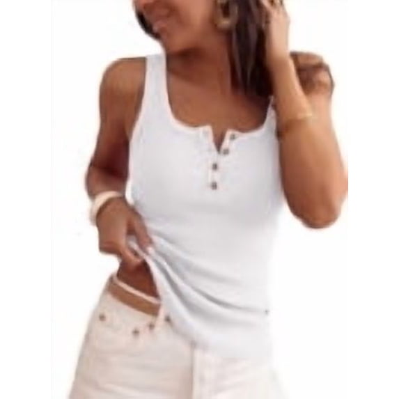 ANRABESS Women Ribbed Tank Tops Slim Fit Henley Shirts Sleeveless V Neck Button Down Blouse Casual Summer Basic Tees Tops White XS