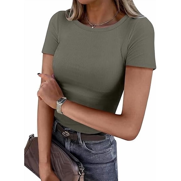 ANRABESS Womens Short Sleeve Tops Crewneck Ribbed Knit Slim Fit Basic Tee Casual Summer Fitted T Shirt