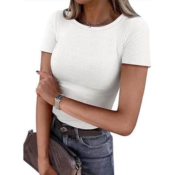 ANRABESS Womens Short Sleeve Tops Crewneck Ribbed Knit Slim Fit Basic Tee Casual Summer Fitted T Shirt