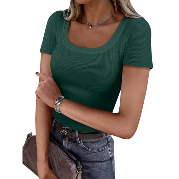 ANRABESS Short Sleeve Tops for Women Trendy Scoop Neck Summer Tops Shirts Ribbed Knit Slim Fitted Basic Tees Spring Casual Clothes Forest Green XS