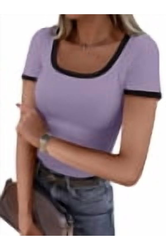 Women Short Sleeve Tops Square Neck Ribbed Knit Color Block T Shirts Fitted Casual Summer 2026 Trendy Basic Tees Light Purple Large