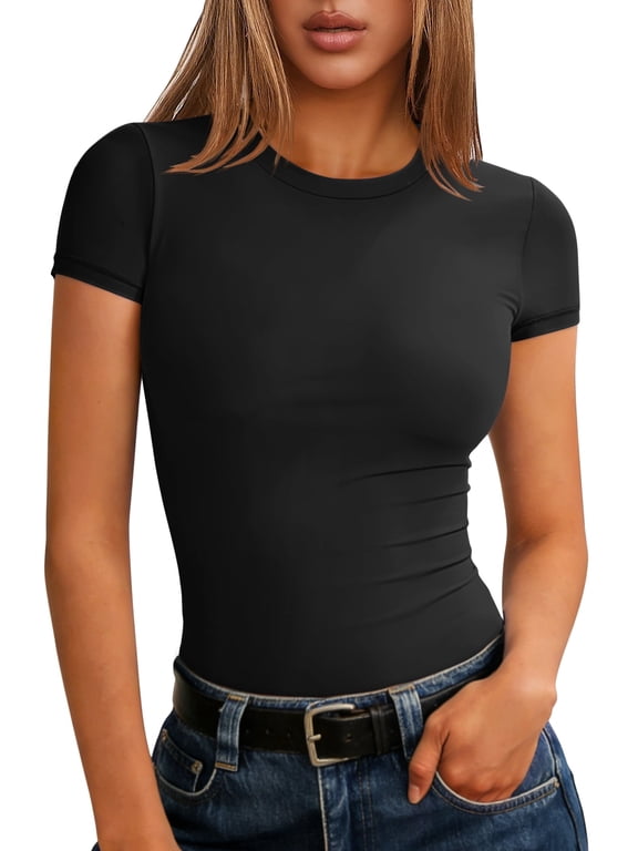 Women Short Sleeve Tops Summer 2026 Double Lined Crewneck T Shirt Basic Tight Workout Tee Y2k Clothes Black Small