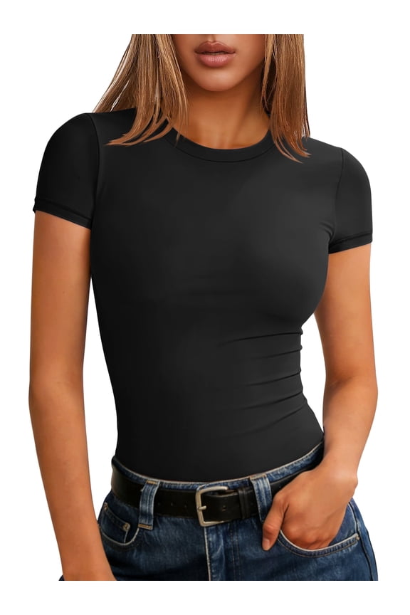 Women Short Sleeve Tops Summer 2026 Double Lined Crewneck T Shirt Basic Tight Workout Tee Y2k Clothes Black X-Small