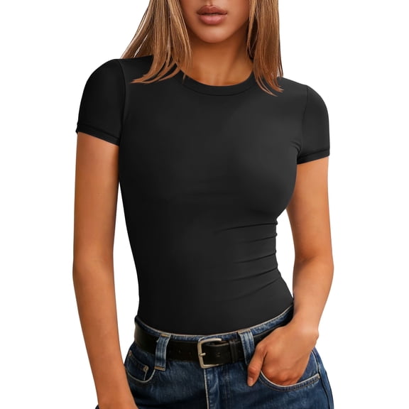ANRABESS Women Short Sleeve Tops Summer 2026 Double Lined Crewneck T Shirt Basic Tight Workout Tee Y2k Clothes Black X-Small