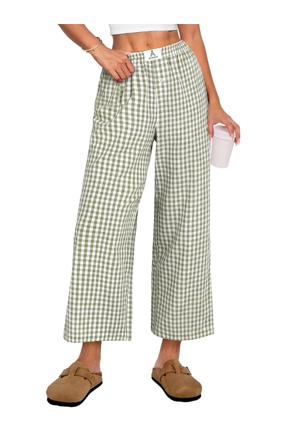 Women Striped Gingham Palazzo Cropped Pants Wide Leg Pajama Lounge Pants Plaid PJ Bottoms Cute Trousers with Pockets Army Green White Plaid M