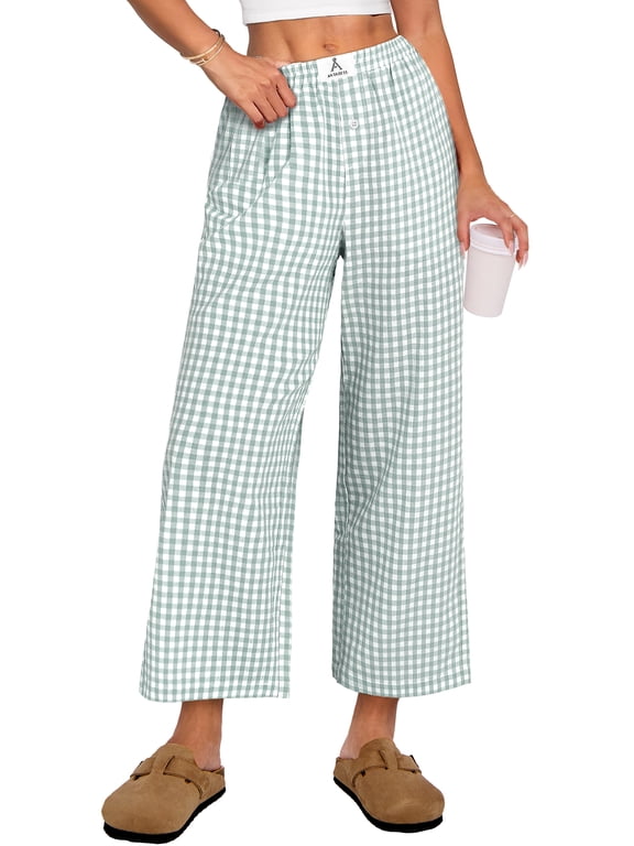 Women Striped Gingham Palazzo Cropped Pants Wide Leg Pajama Lounge Pants Plaid PJ Bottoms Cute Trousers with Pockets Green White Plaid M
