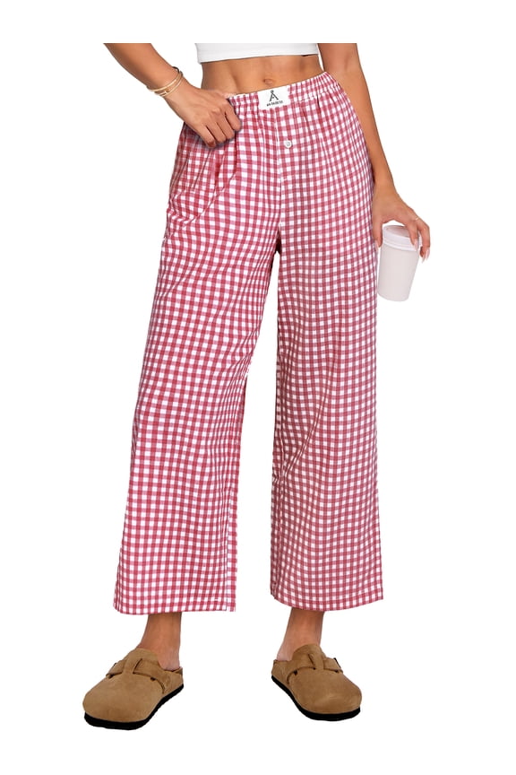 Women Striped Gingham Palazzo Cropped Pants Wide Leg Pajama Lounge Pants Plaid PJ Bottoms Cute Trousers with Pockets Red White Plaid M