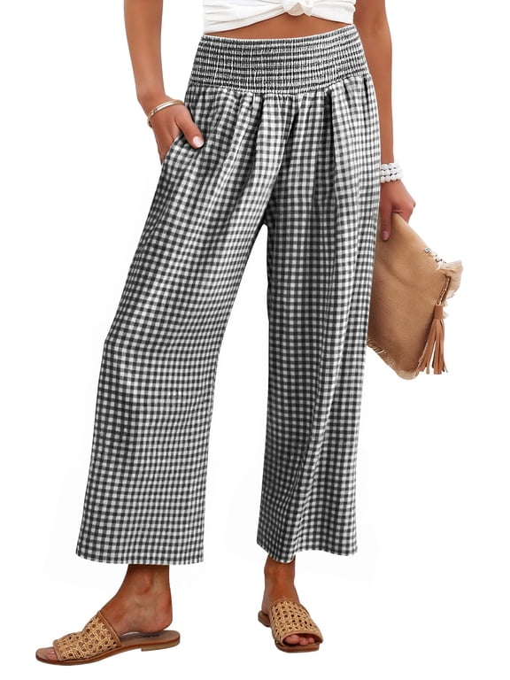 Women Striped Gingham Wide Leg Palazzo Pants Casual Lounge Cropped PJ Bottoms Comfy Cute Plaid Pants with Pockets Black White Plaid XX-Large