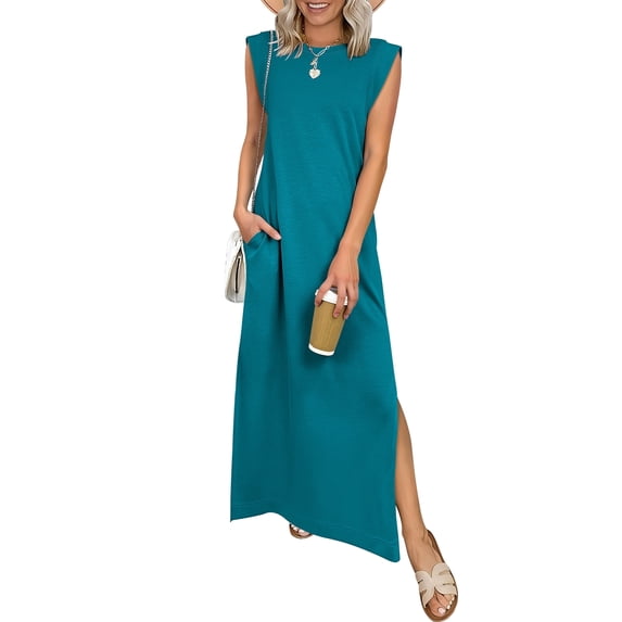 ANRABESS Summer Casual Sleeveless Maxi Dress for Women Crewneck Loose Split Wrinkle-Free Travel Vacation Long Dress Beach Sundress with Pockets Lake Blue M