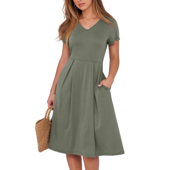 ANRABESS Women Summer Dress Casual Short Sleeve V Neck A-Line Knee Length Pleated Flowy 2026 Fashion Midi Dresses with Pocket Army Green Small