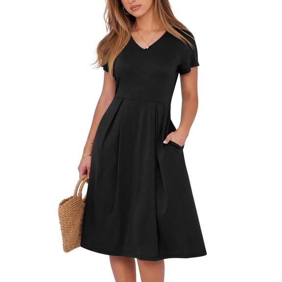 ANRABESS Women Summer Dress Casual Short Sleeve V Neck A-Line Knee Length Pleated Flowy 2026 Fashion Midi Dresses with Pocket Black X-Large