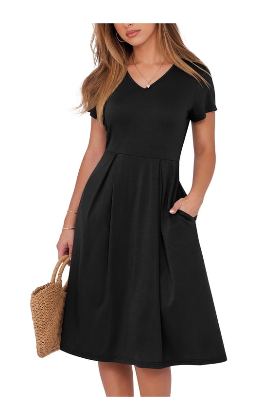Women Summer Dress Casual Short Sleeve V Neck A-Line Knee Length Pleated Flowy 2026 Fashion Midi Dresses with Pocket Black X-Large