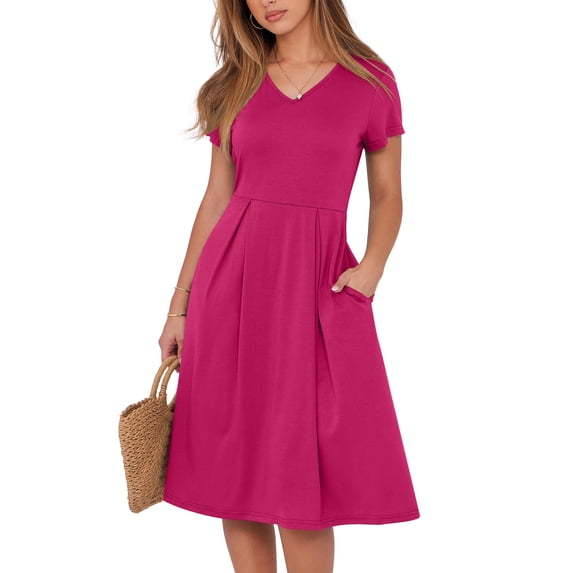 ANRABESS Women Summer Dress Casual Short Sleeve V Neck A-Line Knee Length Pleated Flowy 2026 Fashion Midi Dresses with Pocket Hot Pink Medium