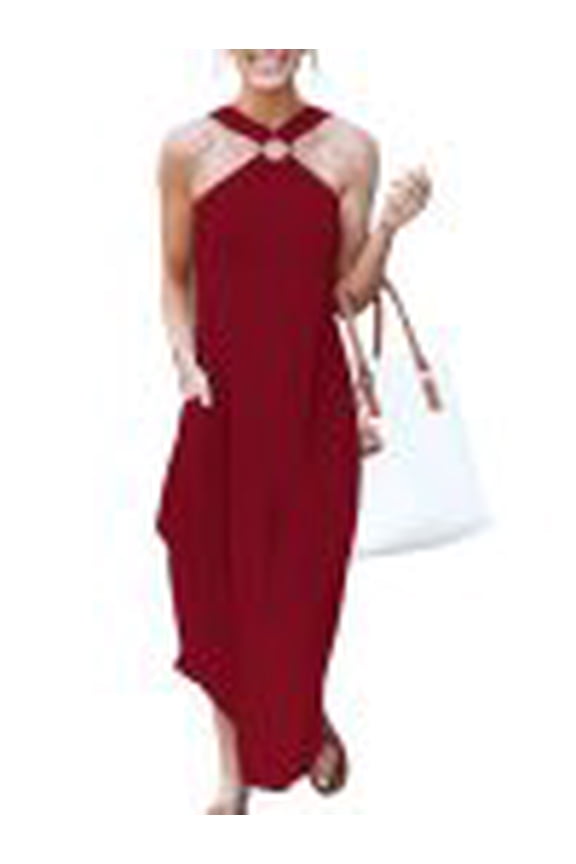 Women Summer Halter Neck Sundress Sleeveless Split Side Casual Beach Travel Vacation Maxi Long Dress with Pockets Wine Red Large