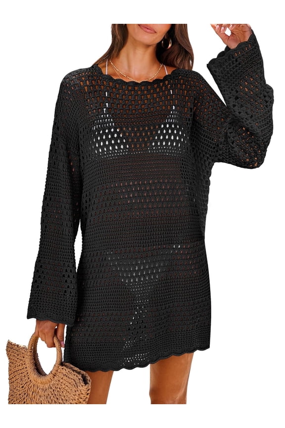 Womens Swimsuit Cover Up Crochet Long Sleeve Mesh Knit Summer Beach Dress Sheer Hollow Out Bathing Suit Coverup