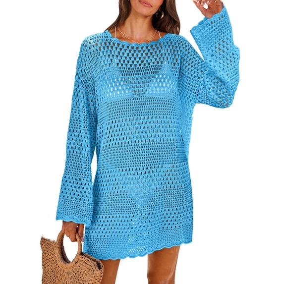 ANRABESS Women Swimsuit Crochet Swim Cover Up 2026 Summer Bathing Suit Swimwear Mesh Knit Beach Dress Vacation Outfits Blue XL