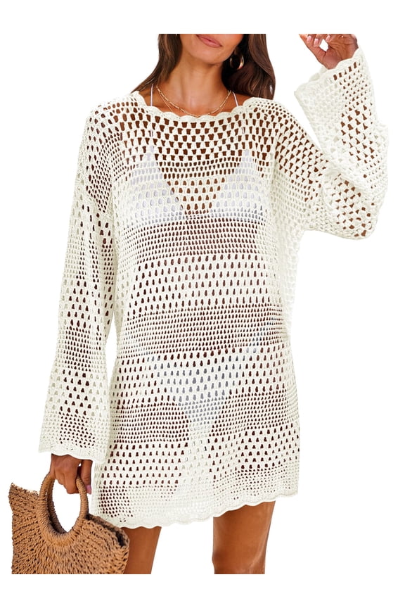 Womens Swimsuit Cover Up Crochet Long Sleeve Mesh Knit Summer Beach Dress Sheer Hollow Out Bathing Suit Coverup