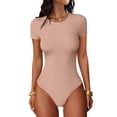 thumbnail image 1 of ANRABESS Bodysuits for Women, Women's Short Sleeve Bodysuit Stretchy Comfy T-shirt Round Neck Basic Body Suit Tops Casual Outfits 2026 Light Camel XS, 1 of 13