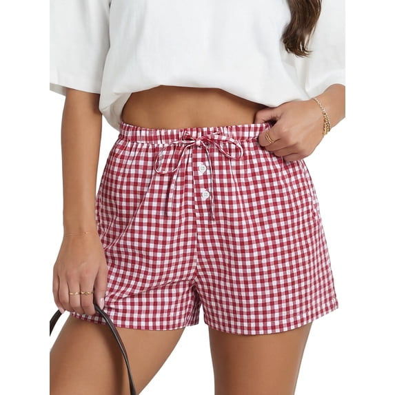 ANRABESS Boxer Shorts for Women Gingham Plaid Drawstring Lounge Shorts with Pockets, Elastic Waist Summer Pajama Beach Shorts Red White Plaid Small