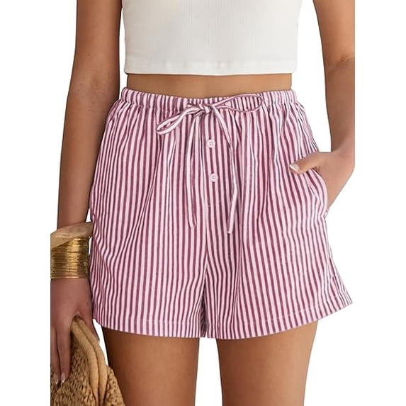 ANRABESS Boxer Shorts for Women Gingham Plaid Drawstring Lounge Shorts with Pockets, Elastic Waist Summer Pajama Beach Shorts Red White Stripe X-Large