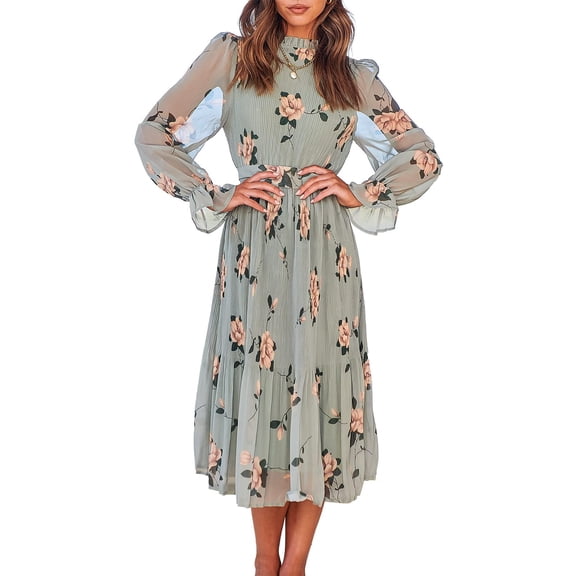 ANRABESS Women's Floral Chiffon Midi Dress Puff Long Sleeve Mock Neck Summer Wedding Guest Party Dresses Fall 2026 Outfits Floral Green Small