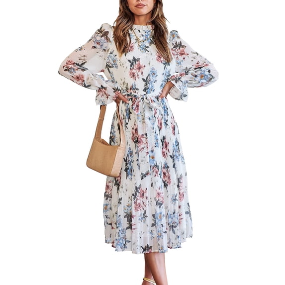 ANRABESS Women's Floral Chiffon Midi Dress Puff Long Sleeve Mock Neck Summer Wedding Guest Party Dresses Fall 2026 Outfits Floral White Medium