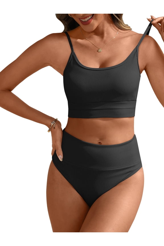 Womens Bikini Set High Waisted Ribbed 2 Piece Swimsuit Scoop Neck Tummy Control Bathing Suit Black Medium
