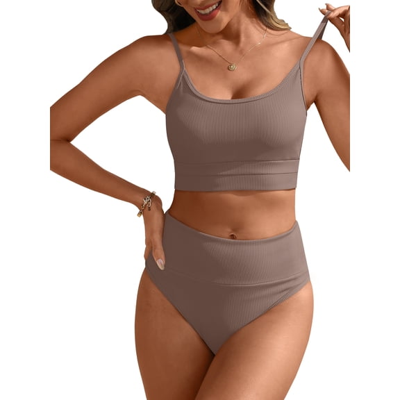 ANRABESS Womens Bikini Set High Waisted Ribbed 2 Piece Swimsuit Scoop Neck Tummy Control Bathing Suit Brown Large