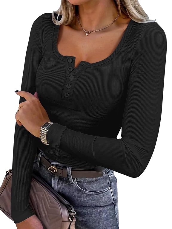 Women's Long Sleeve Shirts Fall Henley Top Soft Ribbed Knit Button Up Slim Fitted T-Shirts Layering Basic Tee Trendy Casual Going Out Fall Outfits Fashion Clothing Black Small